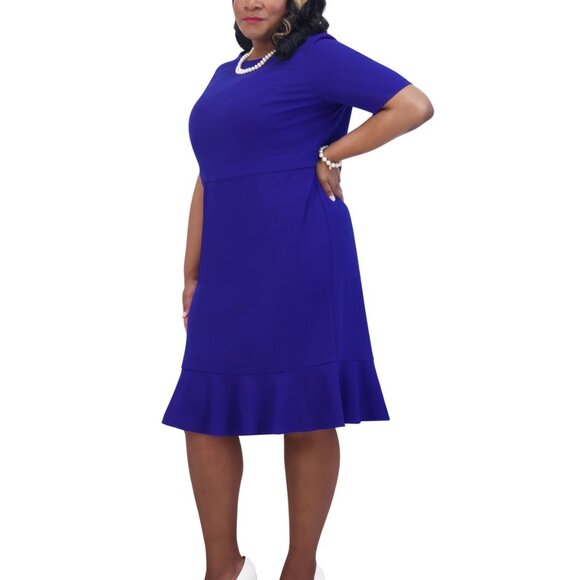 Kasper 2X Royal Blue Scuba Crepe Ruffle Hem Dress NWT Short Sleeve Knee Length - Picture 3 of 4